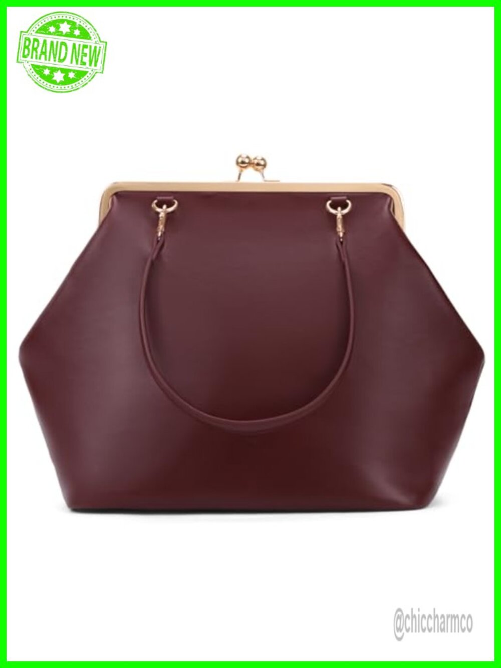 Large Kiss Lock Tote Bag PU Leather Top Handle Shoulder Purse Clutch